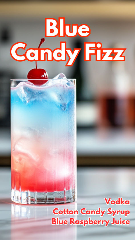 Blue Candy Fizz Blue Raspberry Vodka Drinks, Sprite Cocktails, Candy Alcohol Drinks, Vodka Sprite, Alcohol Candy, Good Cocktails, Cotton Candy Cocktail, Cocktail Cards, Layered Cocktails