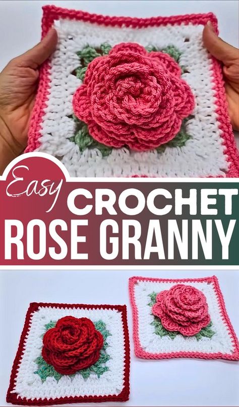 Granny Square Rose Pattern, 3d Flower Crochet Granny Squares, 3d Rose Granny Square Pattern, Crochet Rose Square, Crochet Rose Granny Square, Crochet 3d Granny Square, Rose Granny Square Pattern, 3d Rose Granny Square, Crochet Rose Blanket