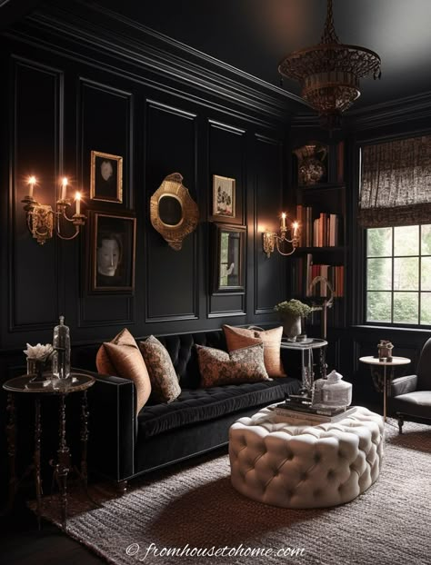 Academia Interior, Dark Academia Interior, Moody Rooms, Dark Boho Living Room, Dark Academia Room, Black Interiors, Academia Room, Dark Living Room, Moody Living Room