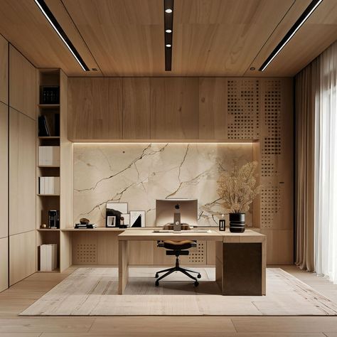 Japandi Home Office in Amsterdam Japanese Office Design, Japandi Office Design, Private Office Design, Japandi Style Home, Japandi Home Office, Japandi House, Warm Wood Tones, Narrow House Designs, Home Office/guest Room