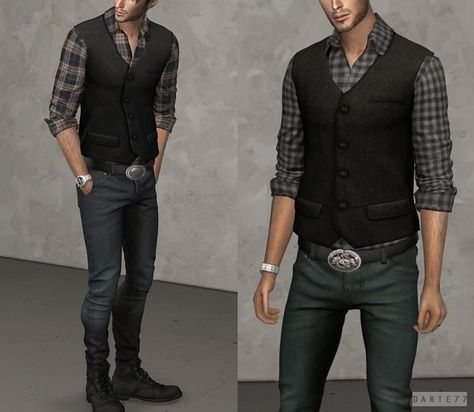 Rolled Up Sleeves Men, Cowboy Sims 4 Cc, Sims 4 Cowboy Cc, Shirt With Vest, Male Cowboy, Sims 4 Men Clothing, Sims 4 Male Clothes, Sims Stories, Cc Folder