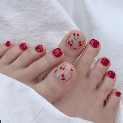 Summer 2024 Toe Nail Trends: Chic Designs & Easy DIY Pedicure Tips Toenails For Summer, Pedicure Ideas Summer 2024 Pink, Cherry Toe Nails, Summer Toe Nail Colors Pedicures 2024, Toe Polish Ideas, Cherry Pedicure, Foot Nails Ideas, Summer Toes 2024, Foot Nails Design