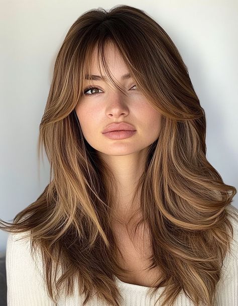 Soft Caramel Layered Haircut for Long Hair, long layered haircut with fringe Caramel Layered Hair, Soft Rounded Layers, Layered Haircut With Fringe, Haircuts For Thick Long Hair, Haircut For Round Face Shape Medium, Soft Layers Haircut, Layered 90s Haircut, Soft Layered Haircut, Layered Haircut For Long Hair