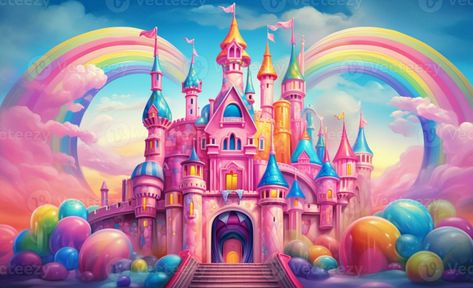 Rainbow Castle, Candy Kingdom, City Ideas, Magical Girl Aesthetic, Sky City, Rainbow Sky, Background Clipart, Free Vectors, A Rainbow