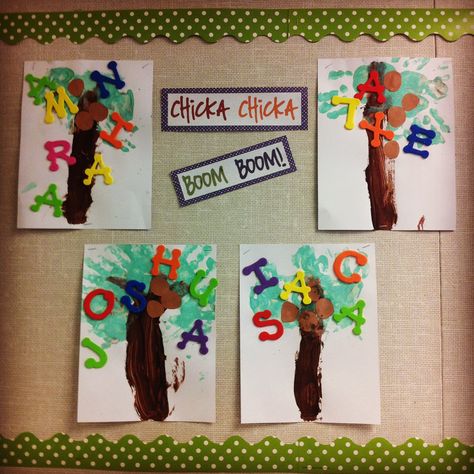 Chicka Chicka Boom Boom ABC  hand print tree with name spelled out Chicka Chicka Boom Boom Lesson Plan, Chicka Chicka Boom Activities, Chicks Chicka Boom Boom Activities Preschool, Boom Chicka Boom Activities, Chicks Chicka Boom Boom Activities, Chicka Chicka Boom Boom Art, Chicka Chicka Boom Boom Preschool, Chicka Boom Boom Tree, Chicka Chicka Boom Boom Tree