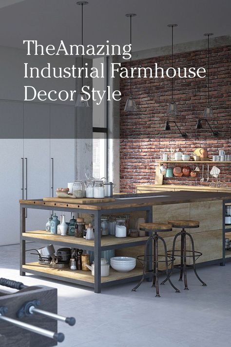 The Industrial Farmhouse decor style is all about simple lines, sleek appliances, and simplistic color schemes. Think rugged, not dainty. #farmhouse #industrialfarmhouse Industrial Farmhouse Decor, Farmhouse Backsplash, Industrial Home Design, Industrial Farmhouse, Design Industrial, Industrial House, Modern Farmhouse Style, Rustic Farmhouse Decor, Rustic Industrial