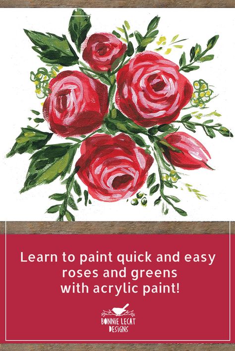 Painting roses and greens is easy and fun in this beginner level art class. Join artist Bonnie Lecat as she guides you through the steps and supplies needed to paint roses and leaves in your acrylic paintings. Simple Oil Painting, Painting Roses, Acrylic Painting Flowers, Simple Rose, Watercolor Paintings Easy, Hur Man Målar, House Paint, Acrylic Flowers, Painting Lessons