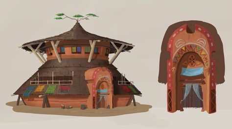 ArtStation - African Villager's House, Karim Bakheit Minecraft African House, African House Design, Round Architecture, African Buildings, Lighthouse Project, Housing Concept, Kakariko Village, African Village, Fantasy Architecture