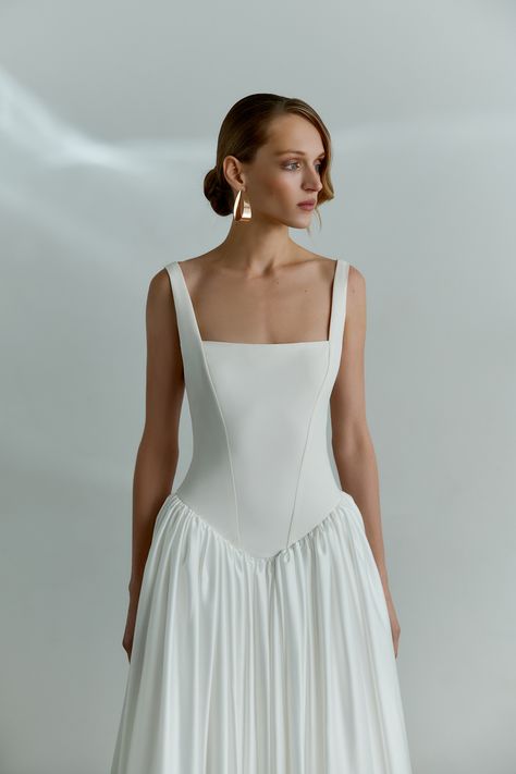 LYNN | Reev Bridal Drop Waist Dress Aesthetic, White Drop Waist Dress, Drop Waist Corset Dress, Drop Waist Corset Wedding Dress, Dropped Waist Wedding Dress, Waist Corset Dress, Wedding Dress Square Neck, Square Neck Wedding Dress, Waist Wedding Dress