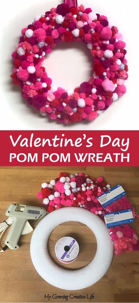 Valentine Wreath Diy, Fun Valentines Day Ideas, Pom Wreath, Diy Pom Poms, Valentines Wreath, Pom Pom Wreath, How To Make A Pom Pom, Diy Valentines Decorations, Valentines Presents