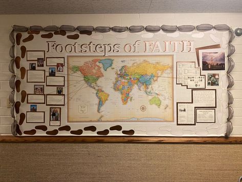 4x10’ bulletin board. Pictures of the missionaries with their favorite scripture, mission, email on the left. On the right are examples of family group sheets, a picture pedigree chart, pictures of the ancestors, contact information for the person who is assigned to help with family history, the families history center hours a picture of the temple and our Ward mission statement. I made brown footprints turnin to white with sparkling glitter border going to the temple Missions Bulletin Board, Information Bulletin Boards, Pedigree Chart, Church Bulletin Boards, Church Ministry, Church Bulletin, Mission Statement, Church Decor, The Temple