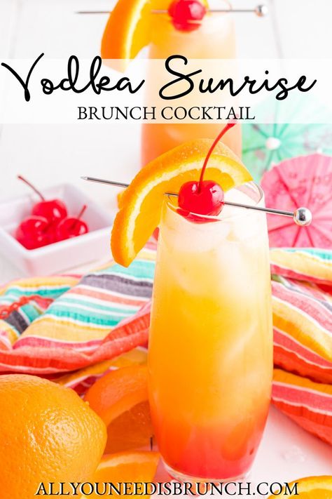 This post is about making Vodka Sunrise Cocktails. Brunch Cocktails For A Crowd, Vodka Sunrise Recipe, Drinks With Grenadine, Sunrise Drink, Cocktails For A Crowd, Grenadine Cocktail, Orange Juice Cocktails, Vodka Sunrise, Orange Juice And Vodka