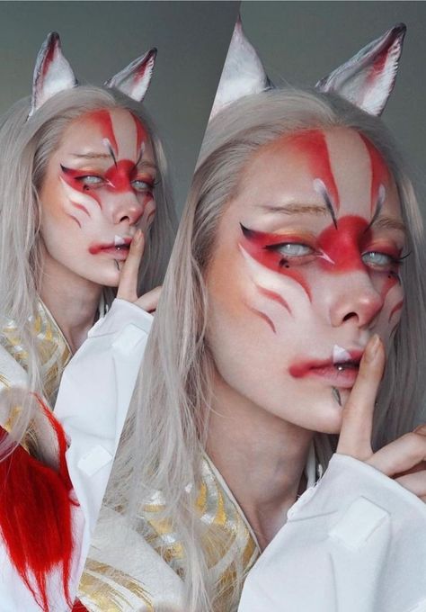 Kitsune Cosplay Makeup, Kitsune Hairstyle, Oni Makeup, Kitsune Makeup, Kitsune Costume, Kitsune Cosplay, Geisha Makeup, Fox Makeup, Beauty Killer