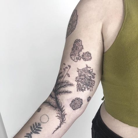 Lichen and Moss growth for Emily!!! Thanks for the trust dude🥰 Moss Tattoo, Nature Tattoo Sleeve, French Tattoo, Army Tattoos, Party Tattoos, C Tattoo, Hand Poked Tattoo, Botanical Tattoo, Poke Tattoo