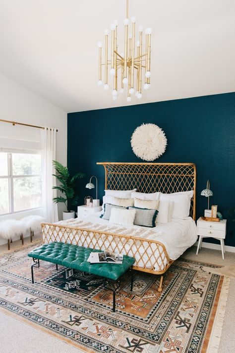 Navy Bedroom Walls, Teal Bedroom, Gold Bedroom, Boho Chic Bedroom, Bedroom Paint Colors, Trendy Bedroom, Bedroom Boho, Apartment Living Room, New Wall