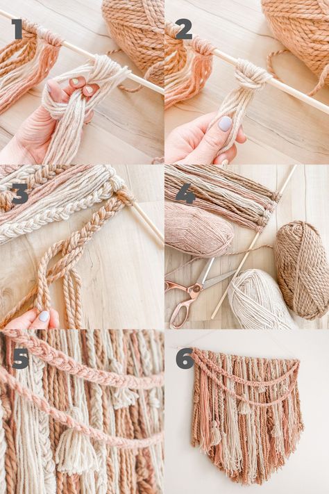 DIY Large Braided Yarn Boho Wall Hanging - The perfect addition to your home decor! So easy and simple to make. Plus no weaving! Yarn Boho Wall Hanging, Propagation Wall, Diy Wall Hanging Yarn, Braided Yarn, Boho Yarn, Boho Macrame Wall Hanging, Boho Crafts Diy, Yarn Wall Art, Diy Boho Decor