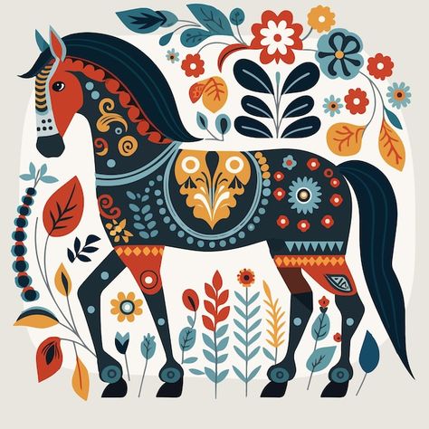 Dala Horse Illustration, Folk Horse Illustration, Horse Illustration Design, Cute Horse Illustration, Horse Illustration Art, Scandinavian Folk Art Swedish Style, Horse Art Painting, Scandinavian Horse, Horse Folk Art