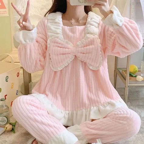 Just found this amazing item on AliExpress. Check it out! $127.01 | Coral Fleece Pajama Sets Women Winter Warm Sleepwear Long Sleeve Trouser Pajamas Flannel Thick Loungewear Korean Kawaii Clothes Sheep Vtuber, Youtuber Dr, Kawaii Pajamas, Dr Wardrobe, Trendy Bows, Oc Outfits, Pink Pajamas, Winter Pajamas, Kawaii Style