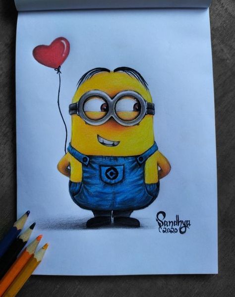 Minion Pencil Drawing, Cartoon Drawing With Colour, Minions Cute Drawing, Minion Illustration Art, Cute Pencil Colour Drawing, Colourful Doodle Art Drawings Cute, Painting With Color Pencil Ideas, Pencil Color Art Easy, Colour Pencils Sketches