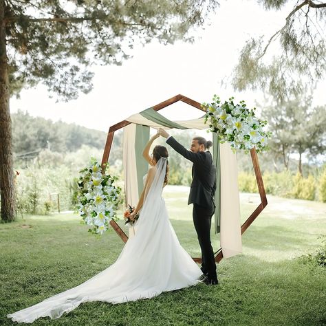 Faster shipping. Better service Heptagonal Wedding Arch Decor, Wood Arbour, Heptagon Arch, Hexagon Wedding Arch Flowers, Hexagon Backdrop Wedding, Octagon Wedding Arch, Wedding Arch Alternative, Wood Wedding Arch, Hexagon Wedding Arch