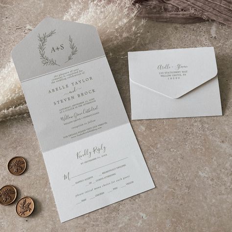 Minimal Leaf | Olive Green Wedding All In One Invitation | #elegantsealandsendwedding #simpletearoffrsvppostcard #rusticuniqueweddingsuite #botanicaltrifoldbudgetweddingset #classicwhimsicalminimalistleavesk102 #modernfoldedmarriageinvitation #greeneryaffordabletri-foldinvite #olivegreenall-in-onestationery #sagegreenandwhitewinter #bohomountainhunterpinefoliage Whimsical Minimalist, Minimalist Leaves, Olive Green Wedding, Folded Invitation, Popular Wedding Invitations, Boho Mountain, Olive Green Weddings, Marriage Invitation, Minimalist Mountain