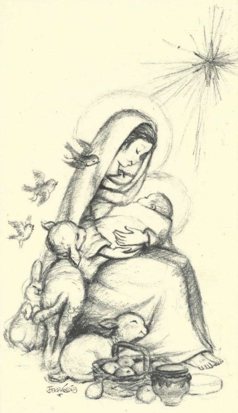 Jesus Drawings, Mama Mary, Biblical Art, Mary And Jesus, Jesus Art, Christmas Drawing, Christmas Scenes, Catholic Art, Jesus Pictures