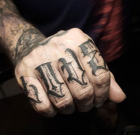 1999 Knuckle Tattoo, Block Letter Tattoo, Old English Finger Tattoo, Old English Knuckle Tattoo, Knuckle Tattoo Fonts, Gothic Lettering Finger Tattoo, Dark Lettering Finger Tattoo, Finger Letter Tattoos, Cholo Tattoo