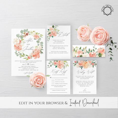 Peach Floral Wedding, Royal Blue Wedding Invitations, Succulent Wedding Invitations, Peach Wedding Invitations, Floral Wedding Invitation Suite, Wedding Program Fans, Wedding Invitation Kits, Lace Wedding Invitations, Invitation Kits