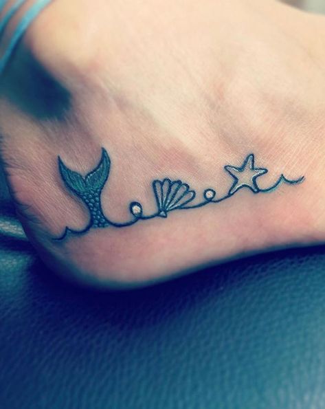 Small Tattoos Mermaid, Small Mermaid Tail Tattoo, Mermaid Tail Tattoo Simple, Cruise Tattoo Ideas, Minimalist Mermaid Tattoo, Tiny Mermaid Tattoo, Simple Mermaid Tattoo, Mermaid Tattoo Ideas For Women, Simple Beach Tattoo