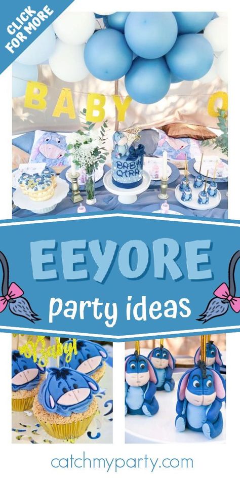 Check out this fabulous Eeyore themed baby shower! The Eeyore cake pops are fantastic! See more party ideas and share yours at CatchMyParty.com Eeyore Party Decorations, Eeyore Themed Food, Eeyore Food Ideas, Eeyore Party Ideas, Eeyore Decorations, Eeyore Birthday Party, Eeyore Baby Shower Ideas, Eeyore Party, Baby Shower Ideas Disney