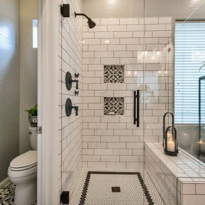 Western Springs Transitional - Transitional - Bathroom - Chicago - by Plain & Posh | Houzz White And Tan Bathroom, Black And Tan Bathroom, Zen Bathrooms, Tan Bathroom, Corner Shower Doors, Stone Tile Bathroom, Beige Bathroom Ideas, Vinyl Flooring Bathroom, Marble Bathroom Floor