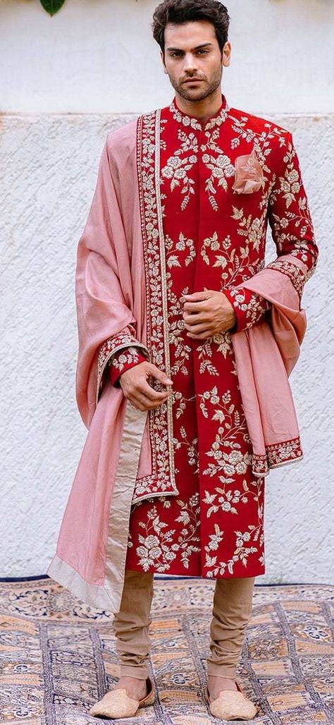 Trendy Outfits Indian For Wedding, Indian Groom Outfit, Traditional Outfit Ideas, Red Sherwani, Groom Indian Wedding Outfits, Pink Sherwani, Male Attire, Groom Colours, Groom Sherwani