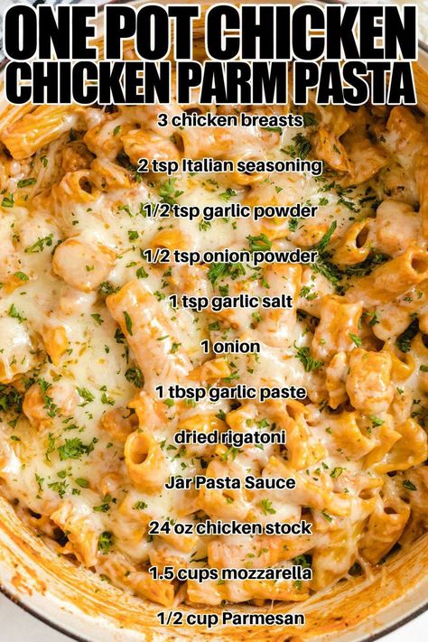 pot of chicken pasta with melted cheese on top Chicken Parm Pasta, One Pot Chicken Parmesan, Parm Pasta, Chicken Parmesan Pasta, One Pot Chicken, Chicken Parm, Pasta Dinner Recipes, Chicken Pasta Recipes, Supper Recipes