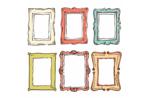 Six colorful handdrawn picture frames, various styles ornaments, empty centers photos artwork, isolated white background. Vintage decorative frames collection, bright cartoon sketch design, Drawing Of A Picture Frame, Drawn Picture Frames, Picture Frame Cartoon, Photo Frame Drawing, Cartoon Picture Frame, Photo Frame Illustration, Cartoon Photo Frame, Picture Frame Illustration, Drawn Frames