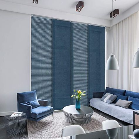 Amazon.com: GoDear Design Deluxe Adjustable Sliding Panel Track Blind 45.8"- 86" W x 96" H, Extendable 4-Rail Track Vertical Blind, Hanging Room Divider, Blue Trimmable Natural Woven Fabric, Semi-Sheer, Meteor : Home & Kitchen Sliding Door Cover, Blinds Room Divider, Glass Door Coverings, Curved Interior, Minimalist Workspace, Patio Door Blinds, Panel Track Blinds, Glass Sliding Door, Hanging Room Dividers