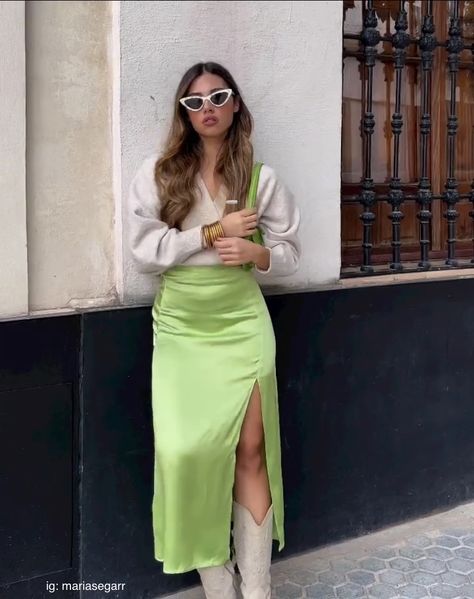 Green Satin Slip Skirt, Green Satin Dress Styling, Silky Maxi Skirt, Lime Green Satin Dress Outfit, Beige And Green Aesthetic Outfit, Silky Green Skirt Outfit, Green Satin Maxi Skirt Outfit, Lime Green Satin Skirt Outfit, Satin Skirt Outfit Formal