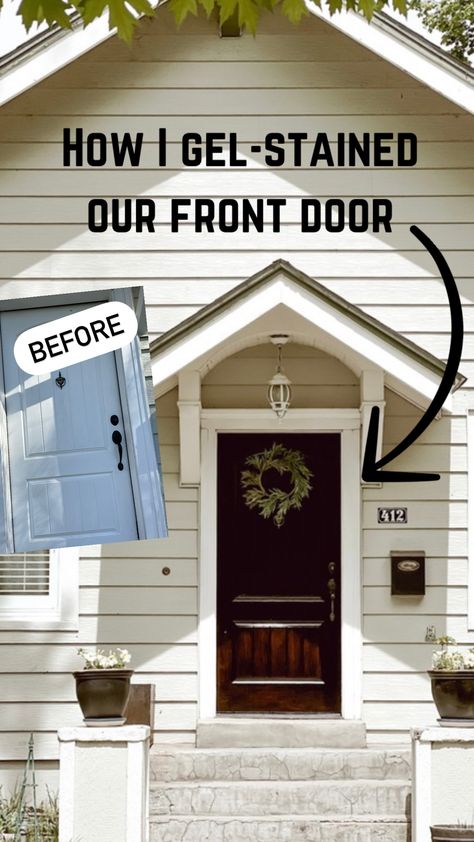 How I Gel-Stained our Front and Back Doors and Updated exterior pictures of our home. Gel Stained Front Door, Brown Door Exterior, Gel Stain Front Door, Stained Front Door, Faux Brick Wallpaper, Wicker House, Beach Tree, Brown Doors, Fall Entryway