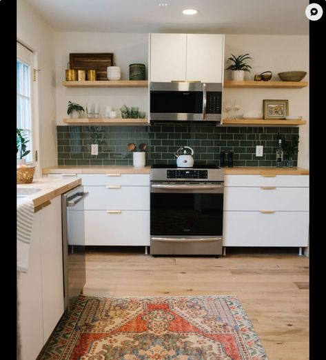 White Cabinets Butcher Block Countertops, Cabinets With Gold Hardware, Green Kitchen Backsplash, Green Tile Backsplash, Green Subway Tile, Green Backsplash, Cottage Style Kitchen, Butcher Block Kitchen, Frameless Cabinets