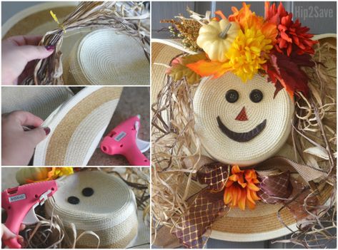 Straw Hat Scarecrow Wreath, Straw Hat Diy, Straw Hat Crafts, Halloween Straws, Diy Scarecrow, Fall Decor Dollar Tree, Hat Diy, Scarecrow Wreath, Fall Scarecrows