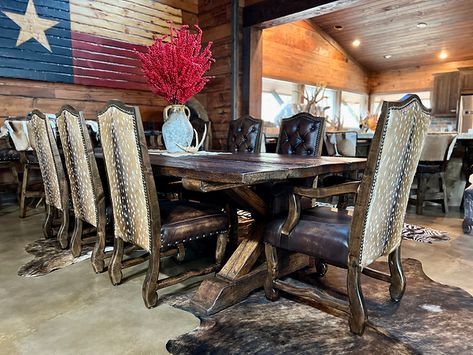 Custom Rustic Dining Tables and Chairs | Bison Creek Lodge Dining Room, Rustic Dining Room Sets, Rustic Dining Tables, Dining Tables And Chairs, Dining Table Rustic, Ranch Decor, World Decor, Rustic Dining Room, Chair And A Half