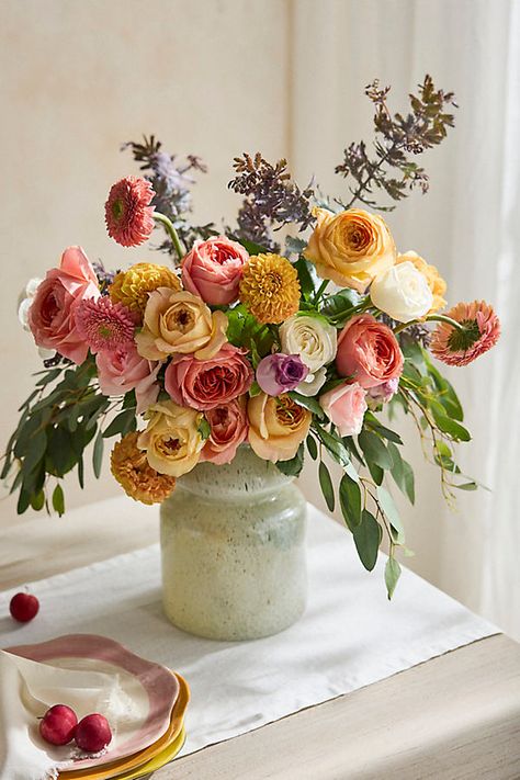 A fragrant, abundant bouquet, gift-wrapped and ready to send to a loved one (or yourself!). Each bouquet includes a colorful array of Japanese and European garden roses, dahlias, gerrondo daisies, eucalyptus, and purple acacia. | Fresh Mixed Garden Rose Bouquet at Terrain Flower Bouquet Cottagecore, Mum Flower Bouquet, Large Wildflower Arrangements, Hydrangeas Flower Arrangements, Fresh Fall Flower Arrangements, Simple Flower Centerpieces Wedding, Pink And Yellow Flower Arrangements, Luxury Flowers Bouquet Gifts, Airy Floral Arrangements