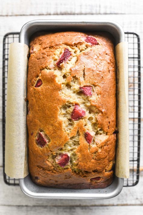 Strawberry Banana Bread is soft, moist, and delicious ~ it's everything you love about banana bread...with strawberries! Bread With Strawberries, Strawberry Banana Bread Recipe, Strawberry Banana Bread, The View From Great Island, Strawberry Bread, Loaf Cake, Baking Mix, Strawberry Banana, Banana Muffins