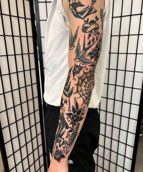 Traditional Tattoos Arm, Traditional Tattoo Arm Sleeve, Black Traditional Tattoo Sleeve, Traditional Patchwork Tattoo Sleeve, Traditional Sleeve Tattoo, Blackwork Tattoo Men, Old School Tattoo Men, Old School Tattoos, Tatto Old Scold