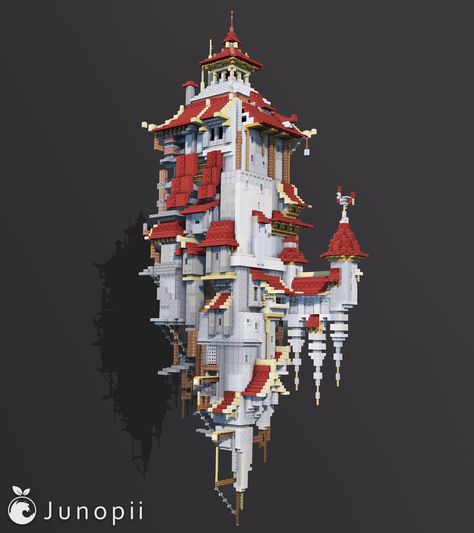 Minecraft build of a white floating castle structure with red roofs and a lil rooster on top Steampunk Building, Fantasy Sky, Minecraft Statues, Sky House, Minecraft Banner Designs, Minecraft Banners, Floating City, Minecraft Room, Minecraft City