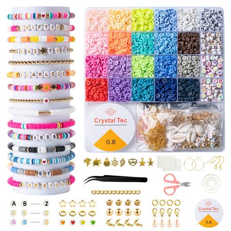 PRICES MAY VARY. 🧡【Beads & Bead Assortments】: 4500pcs flat polymer clay beads in 20 colors, 220pcs alphabet beads( A-Z) in 3 colors, 317pcs charms kit( contains star beads, flat beads, spacer beads, shells, pendants, jump rings, lobster clasp, etc.), 2 roll elastic strings, a scissors, a tweezersto, a upgraded version storage box for 25 boxes（Prevent the beads from mixing together), meet all your needs for bracelets making & jewelry making. 💙【Premium Quality Beads】: All of our beads are made o Bracelets Kits, Friendship Bracelet Making, Clay Beads Bracelet, Bracelet Making Kit, Bracelets Making, Bday Wishlist, Cute Friendship Bracelets, Wishlist 2024, Flat Beads