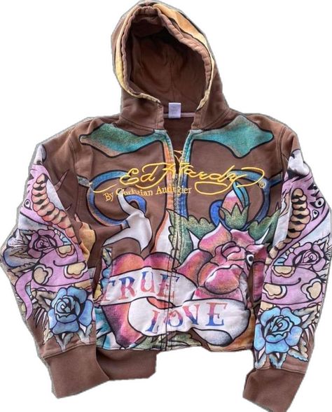 Ed Hardy Hoodie, Brown Rainbow, Vintage Ed Hardy, Cross Christian, Zip Up Sweatshirt, Christian Audigier, 2000s Fashion Outfits, Hoodie Zip, Sweatshirt Crewneck