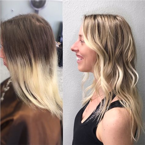 Major color correction From a grown out bleach and tone to a perfectly blended highlight Grown Out Balayage Before And After, Grown Out Highlights To Balayage, Grown Out Bleached Hair, Chi Hair Color, Grown Out Blonde, Grown Out Blonde Hair, Grown Out Highlights, Balayage Before And After, Dimensional Highlights