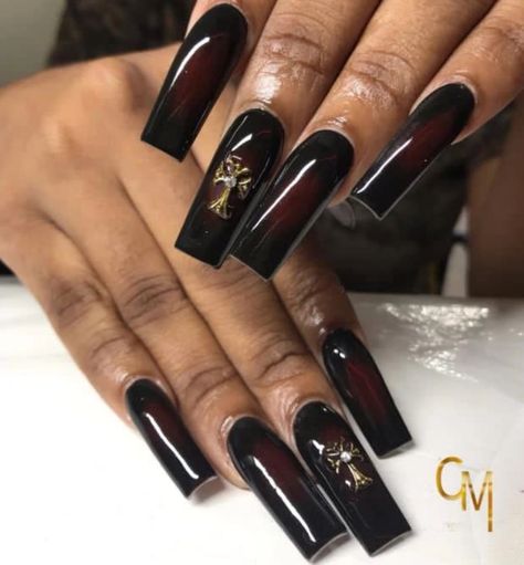 Red And Black Nails Medium Length, Brown Nails Black Women, Dark Red And Black Nails, Dark Red Acrylic Nails, All Black Nails, Dark Acrylic Nails, December Nails, Black Acrylic Nails, Sassy Nails