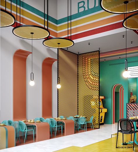 Retail Facade Design, Colorful Ceiling, Colorful Restaurant, Architectural Animation, Modern Restaurant Design, Bakery Interior, Bakery Design Interior, 3d Floor Plans, Interior Architecture Drawing