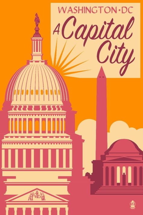 Washington DC - A Capital City (Art Prints, Wood & Metal Signs, Canvas, Tote Bag, Towel) City Wall Art, Curious George, Washington Capitals, City Prints, Capital City, City Art, Peach Pink, Hanging Art, Big Canvas Art